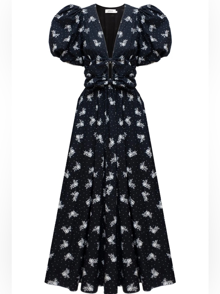 Nwt Lovaan Devon In Vintage Rose Floral Midi Dress With Puff Sleeves & V-Neck